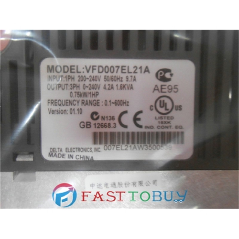 Delta Inverter VFD Drive VFD007EL21A 1Phase 220V 0.75kW 1HP 0.1~600Hz Water pump &Packaging machine