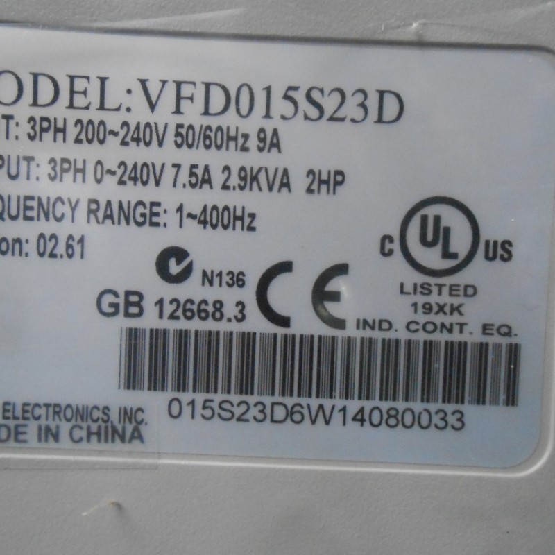 Delta Inverter VFD drive VFD015S23D 3Phase 220V 1.5KW 2HP 1~400Hz Inkle loom &Packaging machine